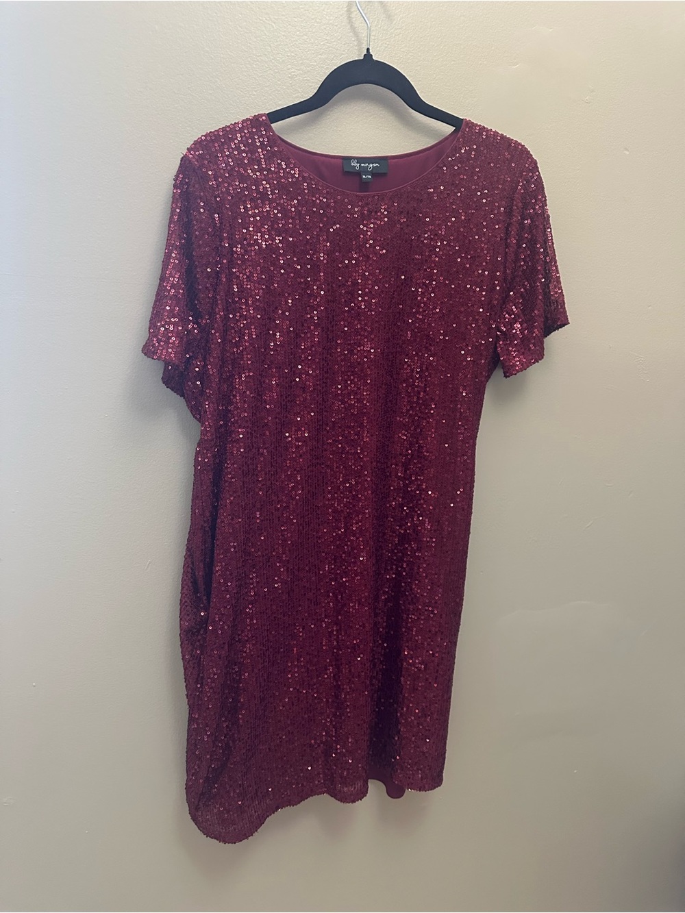 Burgundy Sequin Short Sleeve Mini Shift Dress - Size XL